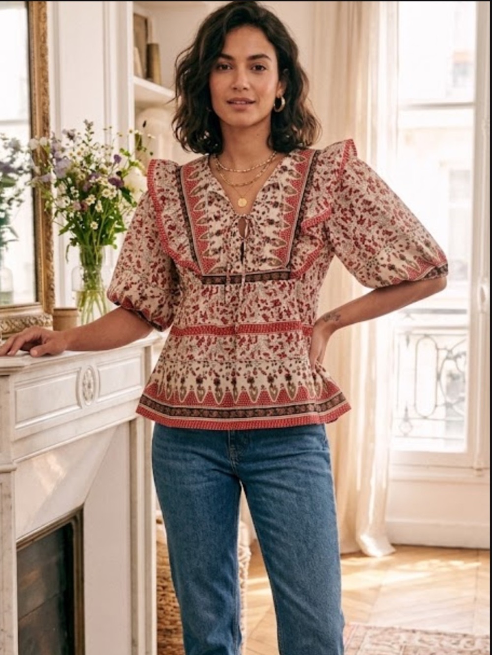 Calypso St. Barth Red and Cream Ruffle Peasant Blouse